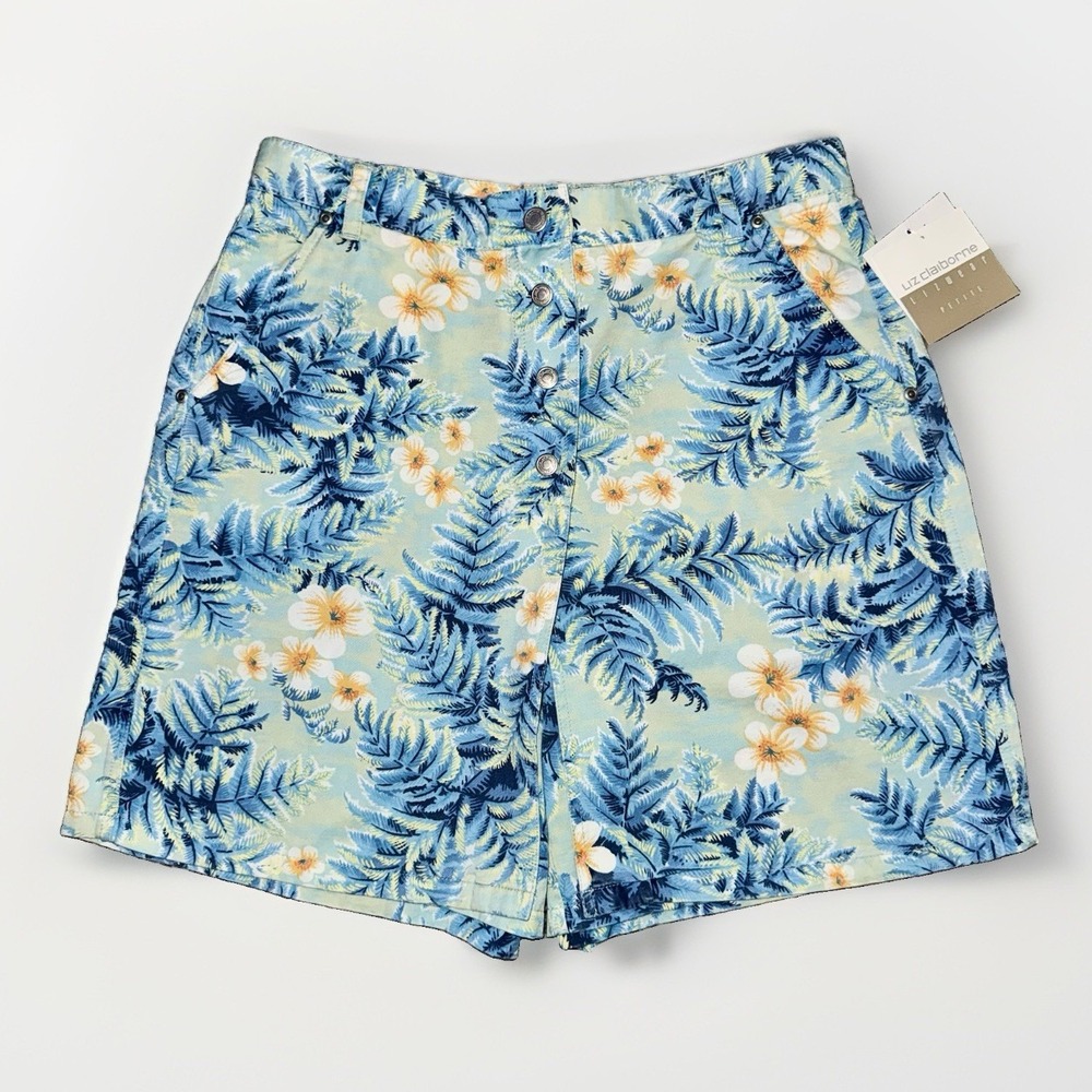 Liz Claiborne Lizwear VTG Cotton Skort Petite 14 NWT Blue Tropical Snap Zip Fly